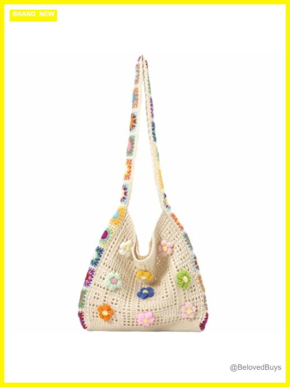 Boho Crochet Tote Bag - Handmade Knit Beach Bag with Floral Embroidery